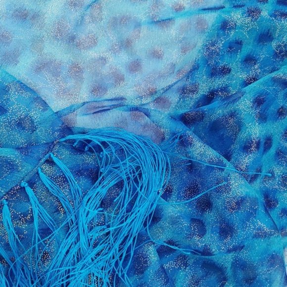 100% Silk Rectangle Scarf Sheer Blue Leopard Animal Print Silvery Dots Tassels - Picture 7 of 12